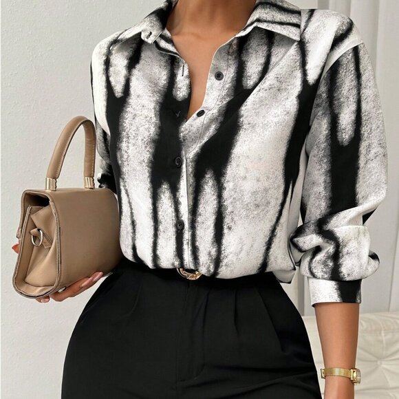 Black and White Casual Women's Long Sleeve Business Shirt - Picture 3 of 7
